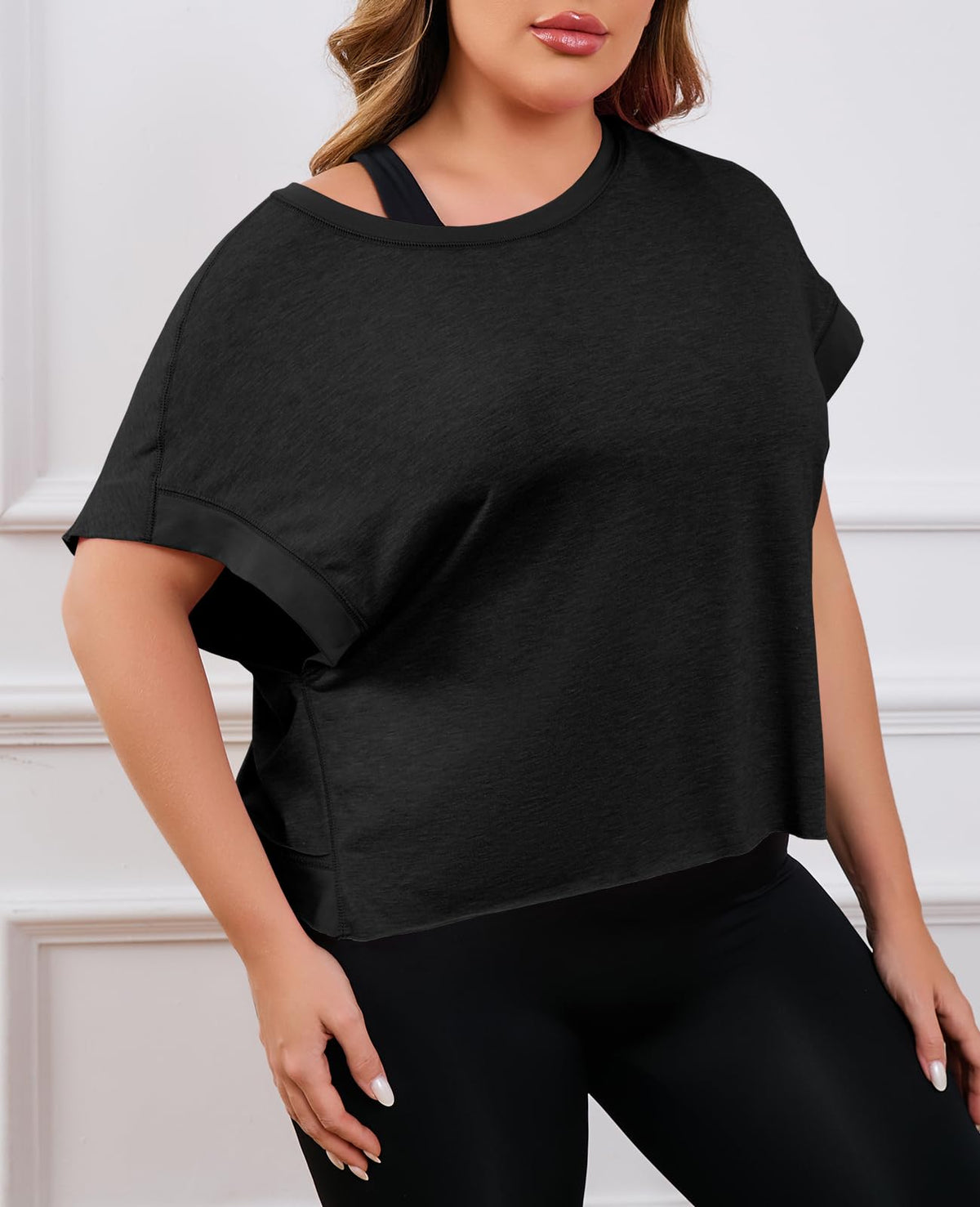 Fisoew Womens Plus Size Open Back Workout Tops Black