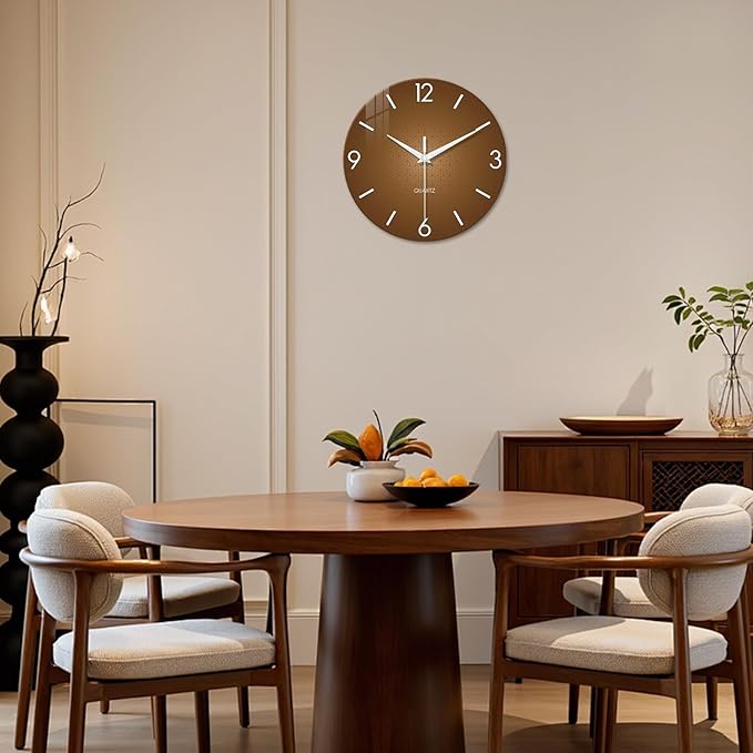 XFM Brown Wall Clock 12 Inch Modern Silent Wall Clocks Battery Operated Round