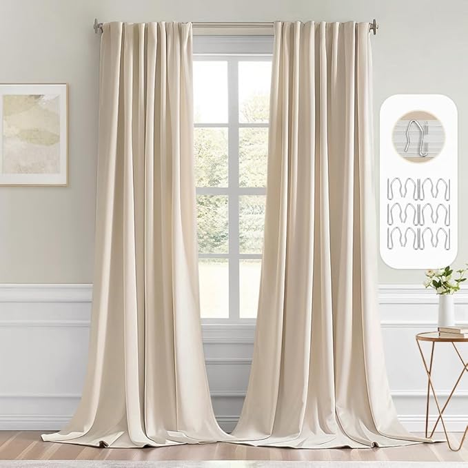 MIULEE Back Tab Cream Beige Curtains 108 Inch Long 2 Panels Set