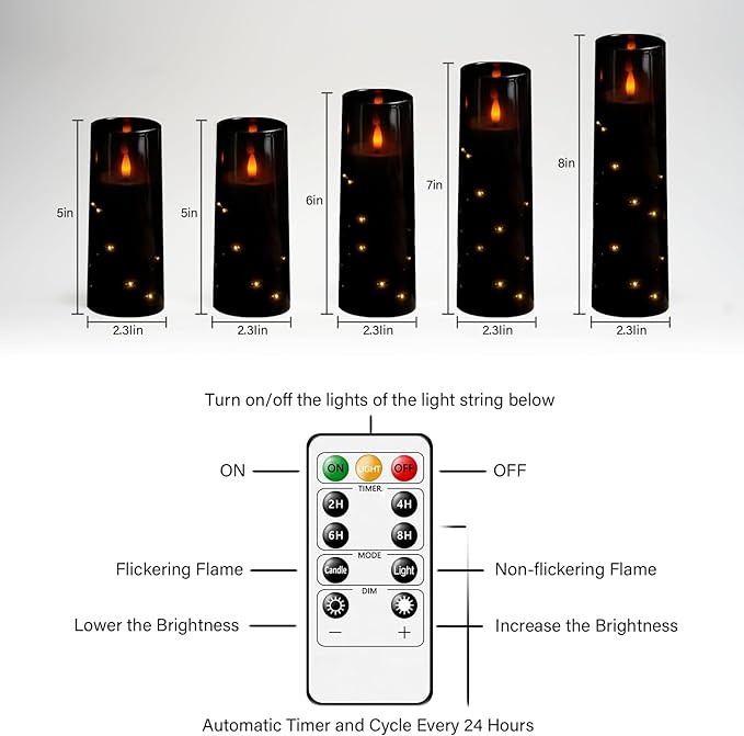 Flameless LED Candles with Timer 5 Pc Flickering Flameless Candles for Romantic Ambiance and Home Decoration Stable Acrylic Shell,with Embedded Star String,Battery Operated Candles（Black）