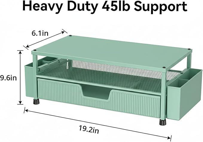 Desk Organizer and Accessories, 2-Tier Computer Monitor Stand Rise with Storage Drawer & 2 Pen Holders, Laptop & Printer Stand for Desktop, Workspace Organizers for Office Supplies (Green)