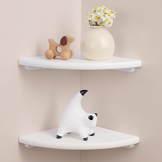 Gieanoo Floating Corner Shelves Set 2 7inch White Solid Oak Rounded Corner