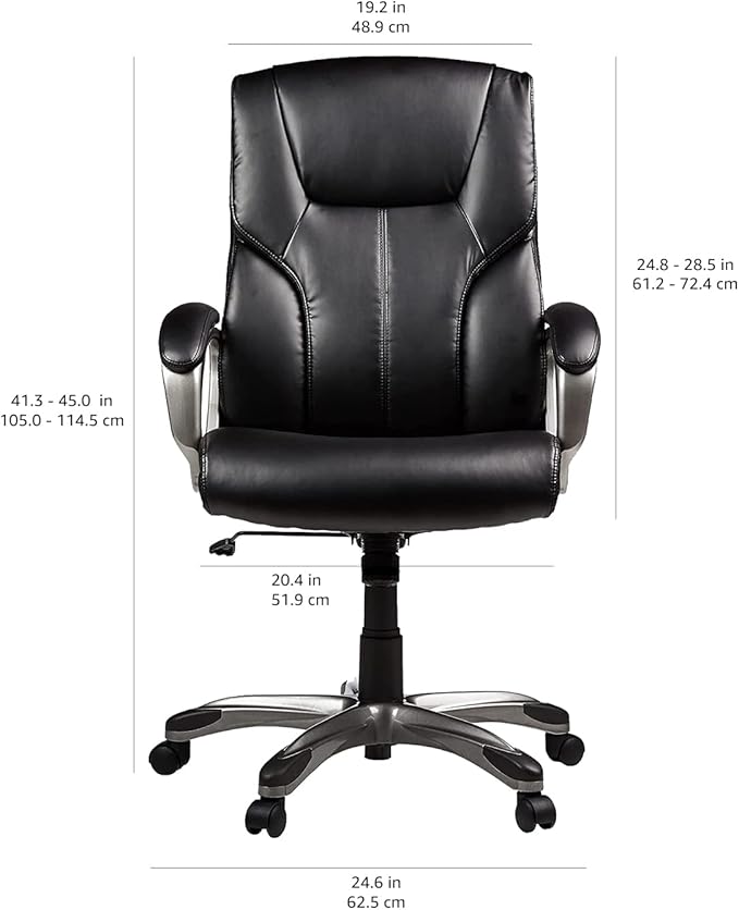 Amazon Basics Executive High Back Office Chair, Adjustable Height, Tilt, Swivel, Padded Seat, Bonded Leather, Wheels, Black/Silver