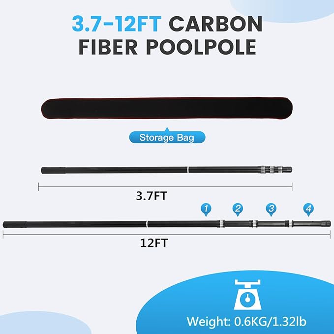 Carbon Fiber Pool Rod - Professional 4-12 Foot Telescopic 4-Piece Pool Cleaning Rod Set, Adjustable Telescopic Rod for Cleaning Nets, Brushes, Vacuum Heads