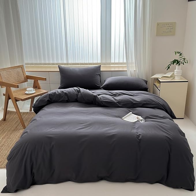 FACE TWO FACE Bedding Duvet Cover Set100% Washed Cotton Duvet Cover Linen Like Textured Breathable Durable Soft Comfy (California King, Volcanic Black)