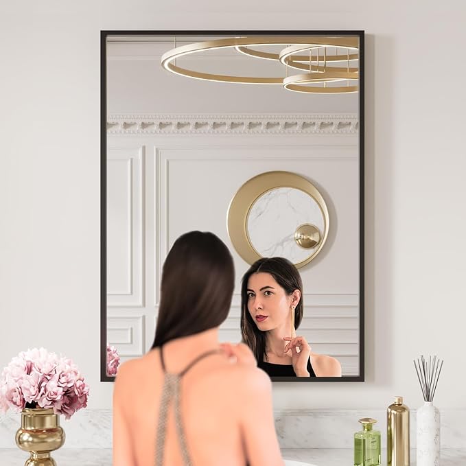 LOAAO 24"X32" Black Rectangle Bathroom Mirror Wall, Matte Black Aluminum Alloy
