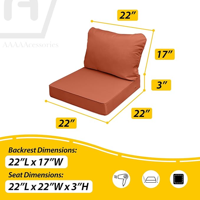 AAAAAcessories Outdoor Seat Cushions for Chairs, Fade-Resistant, Waterproof Patio Furniture Replacement Cushions, 22" x 22" x 3" + 22" x 17", Rust