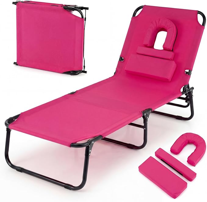 Giantex Tanning Chair, 350lbs Adjustable Patio Lounge Chair with Face Hole, Removable Pillows, Carry Strap, Folding, Outdoor Chaise Lounge for Layout Beach Poolside Lawn, Pink