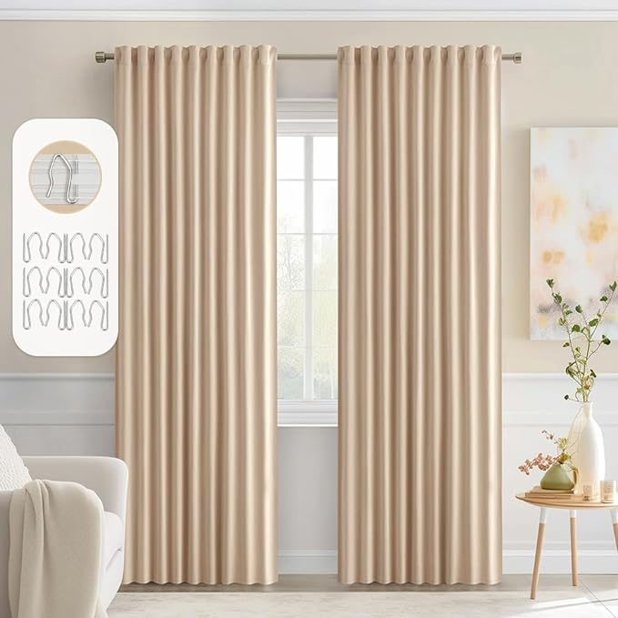 MIULEE Beige Back Tab Blackout Curtains 72 Inch Length 2 Panels Set