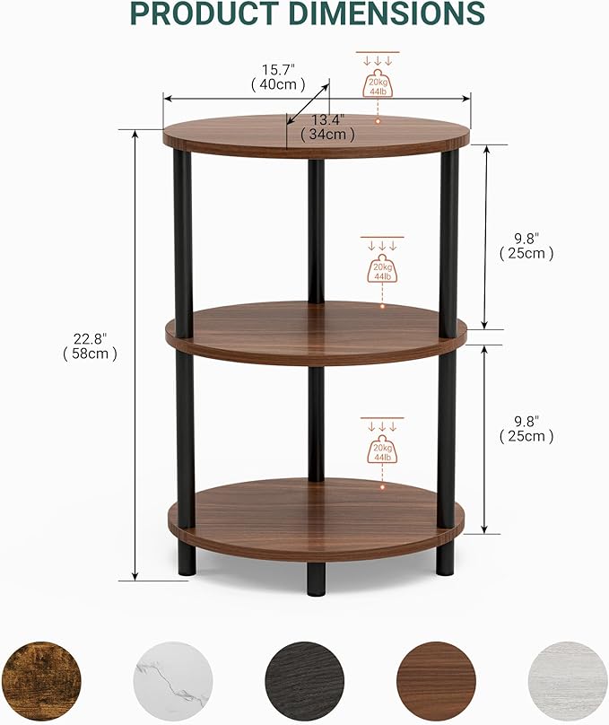 Small Round Side Table - 3-Tier Oval Accent Table for Small Spaces, Rustic Wood and Metal Couch End Table, Nightstand for Bedroom or End Table Living Room, Set of 2, Rustic Walnut