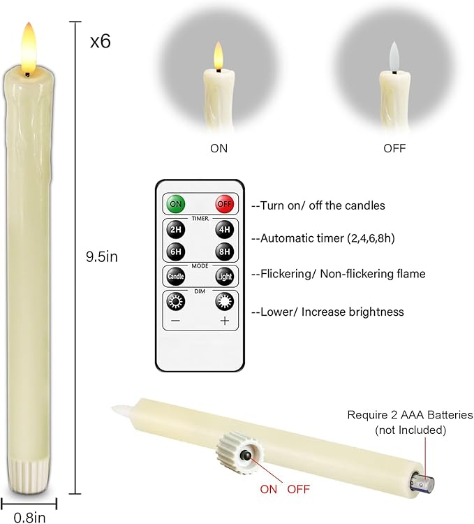 Lezonic Ivory Flameless Taper Candles Battery Operated with Remote, Long LED Candlesticks Flickering Real Wax Set of 6, 9.5 inch Battery Candles with Realistic 3D Flame