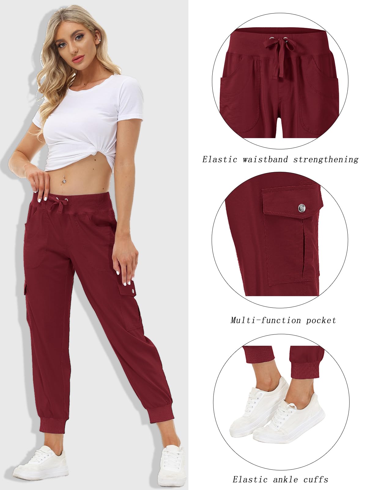 MoFiz Hiking Cargo Pants for Women with Pockets Lightweight Quick Dry Athletic Outdoor Summer Travel Casual Joggers Sweatpants Wine Red 3XL