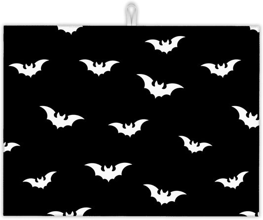 Halloween Black White Dish Drying Mats 18x24 Inch,Halloween Bats Dish Pad Drying Rack Mat for Kitchen Counter Ultra Absorbent Microfiber Dishware Coffee Maker Bar Countertop Decor