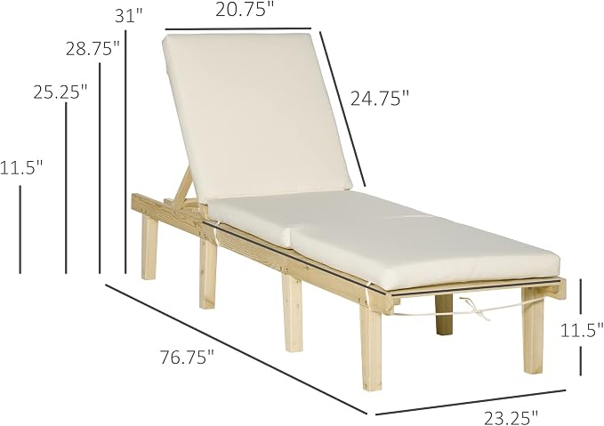 Outsunny Chaise Lounge Chair for Outdoor, Wood Outdoor Chaise Lounge with 4-Position Adjustable Backrest and Cushion, Reclining Beach Lounge Chair for Deck, Pool, Lawn and Sunbathing, Natural