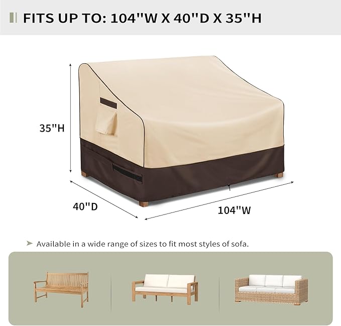 KylinLucky Outdoor Patio Sofa Cover fit 104 x 40 x 35 inch, 103 x 39, 102 x 38 Waterproof Weatherproof Heavy Duty 600D Garden Furniture Cover for Outside Sofa Couch