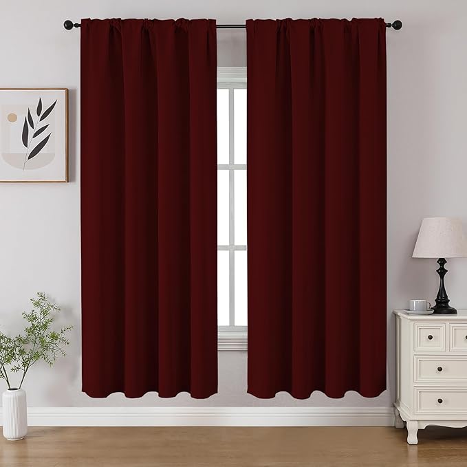 CUCRAF Burgundy Red Blackout Curtains 63 inch Length 2 Panels Set, Rod Pocket