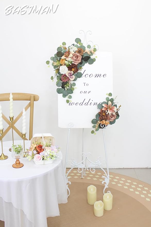2pcs Artificial Flowers Wedding Arch Decor, Wedding Welcome Sign,Foam Flower Welcome Sign for Reception Backdrop, Table Decorations, Dried Flowers(Dark Coffee)