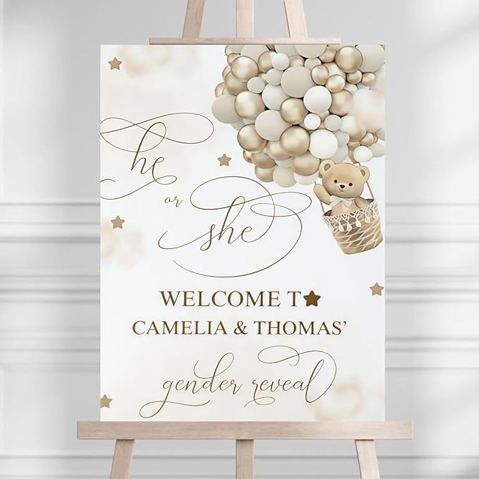 Teddy Bear Gender Reveal Welcome Sign, Hot Air Balloons