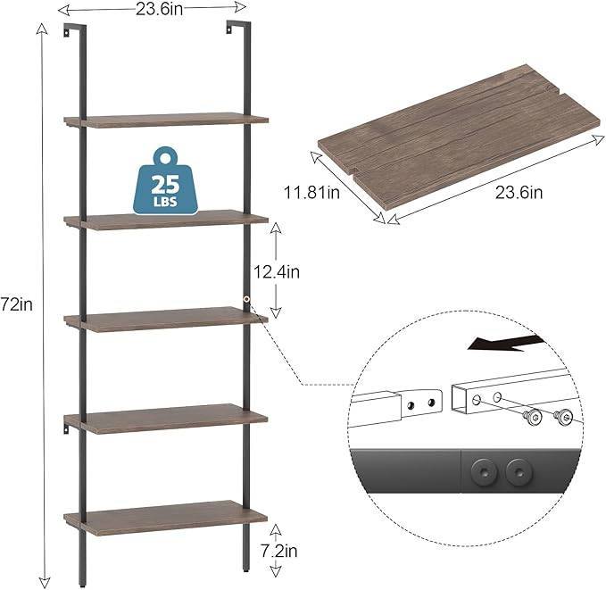 aboxoo Ladder Shelf 2PCS Open Bookshelf 5-Tier Wall-Mounted Wood Bookcase Rack