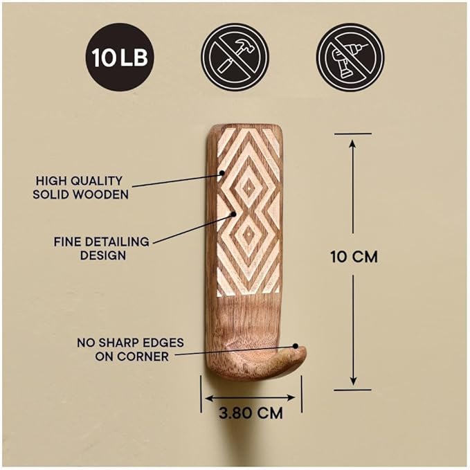 IndianShelf 10 LB- 12 Pieces Decorative Wood Adhesive Wall Hooks–Boho Peel and