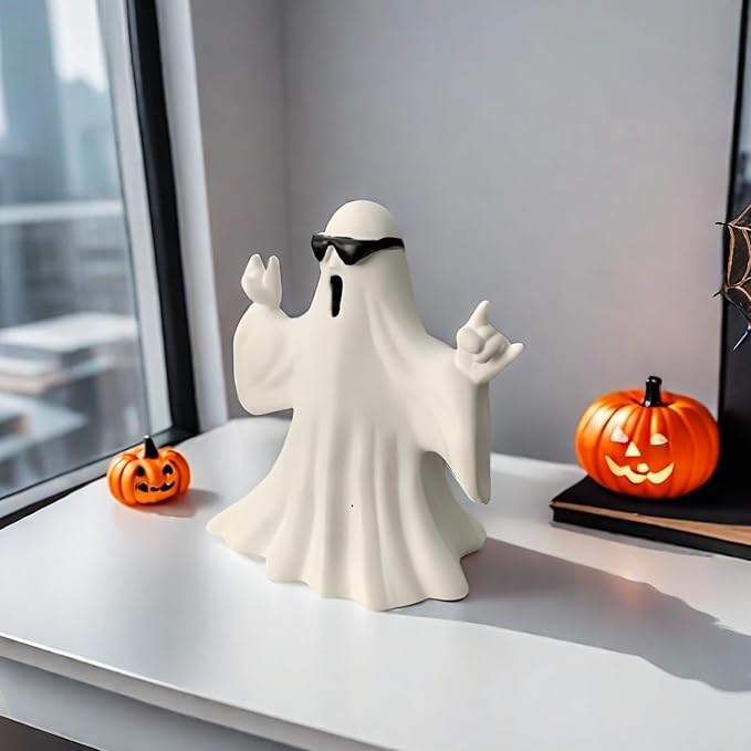 Halloween Ghost Figurine - Spooky Resin Ghost Statue, Cute Finger Ghost Ornaments, Perfect for Indoor & Porch Halloween Decor (Ghost with Glasses)