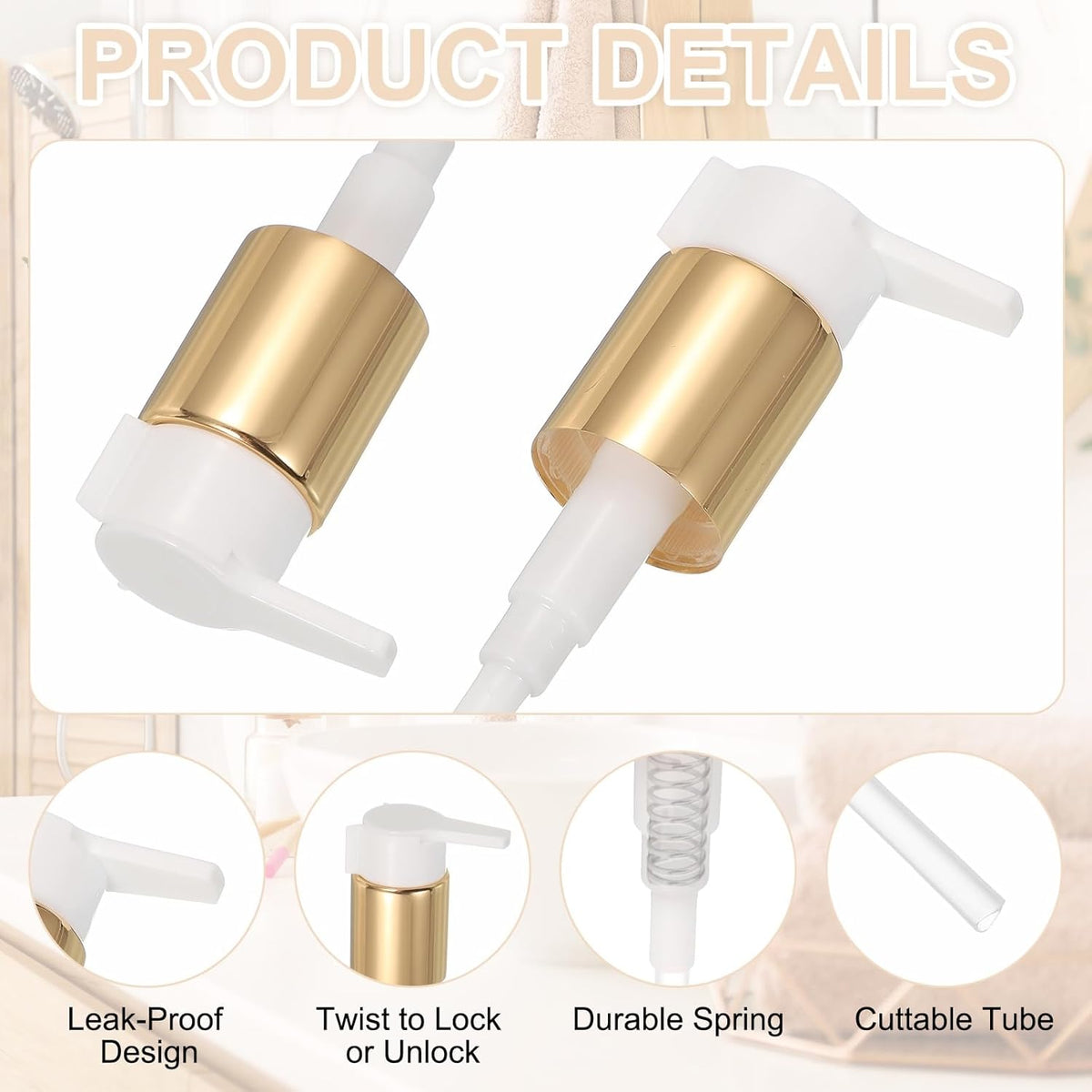 uxcell 4 Pcs Soap Dispenser Pump Heads, Hand Soap Dispensers Top Pumps Replacement Clip-on Pumphead for Standard 24/410 Neck Size Bathroom Lotion Shampoo Bottle, Gold White