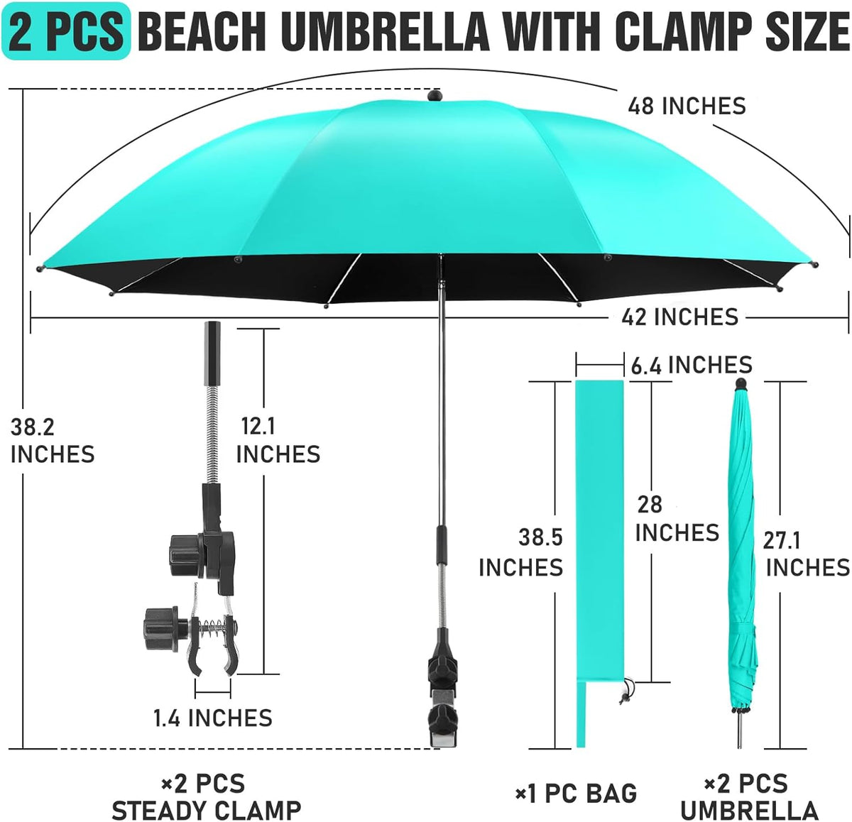 Skiennix Beach Umbrella - 360° Adjustable UPF50+ Sun Protection - 2 Pack for Chairs & Carts