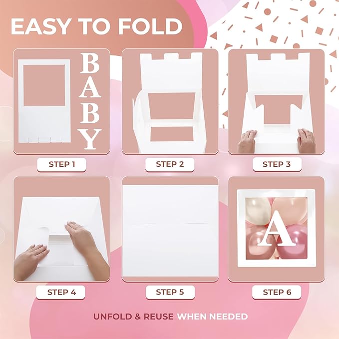 Baby Shower Boxes with Letters – White Boxes with Rose Gold, Dusty Pink, Sand & White Balloons – 44-Piece Gender Reveal & Party Decoration Set by Vellax