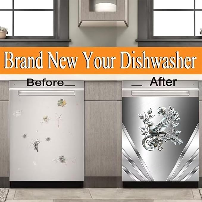Dishwasher Magnetic Sticker Kitchen Decorative,Stainless Steel Design Bird andd Flower Pattern Fridge Door Panels,Refrigerator Magnetic Cover,Front Panel Replacement Cover 23W x 26H inchs
