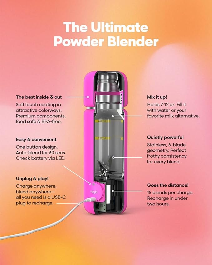 Vejo Personal Blender Powder-Powered Blending System | No Shaking | No Clumps | No Prep | Easy One-Button Design | USB Rechargeable Blender | Black