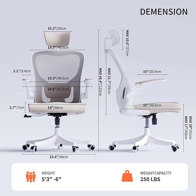Monhey Office Chair Ergonomic Desk Chair with Lumbar Support&Headrest&Flip-up Arms Height Adjustable Rocking Swivel Computer Chair Multi-Angle from 90° to 125° with 350LBS Capacity (02White+Khaki)