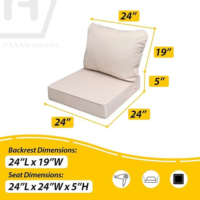 AAAAAcessories Outdoor Seat Cushions for Chairs, Fade-Resistant, Waterproof Patio Furniture Replacement Cushions, 24" x 24" x 5" + 24" x 19", Sandstone Beige