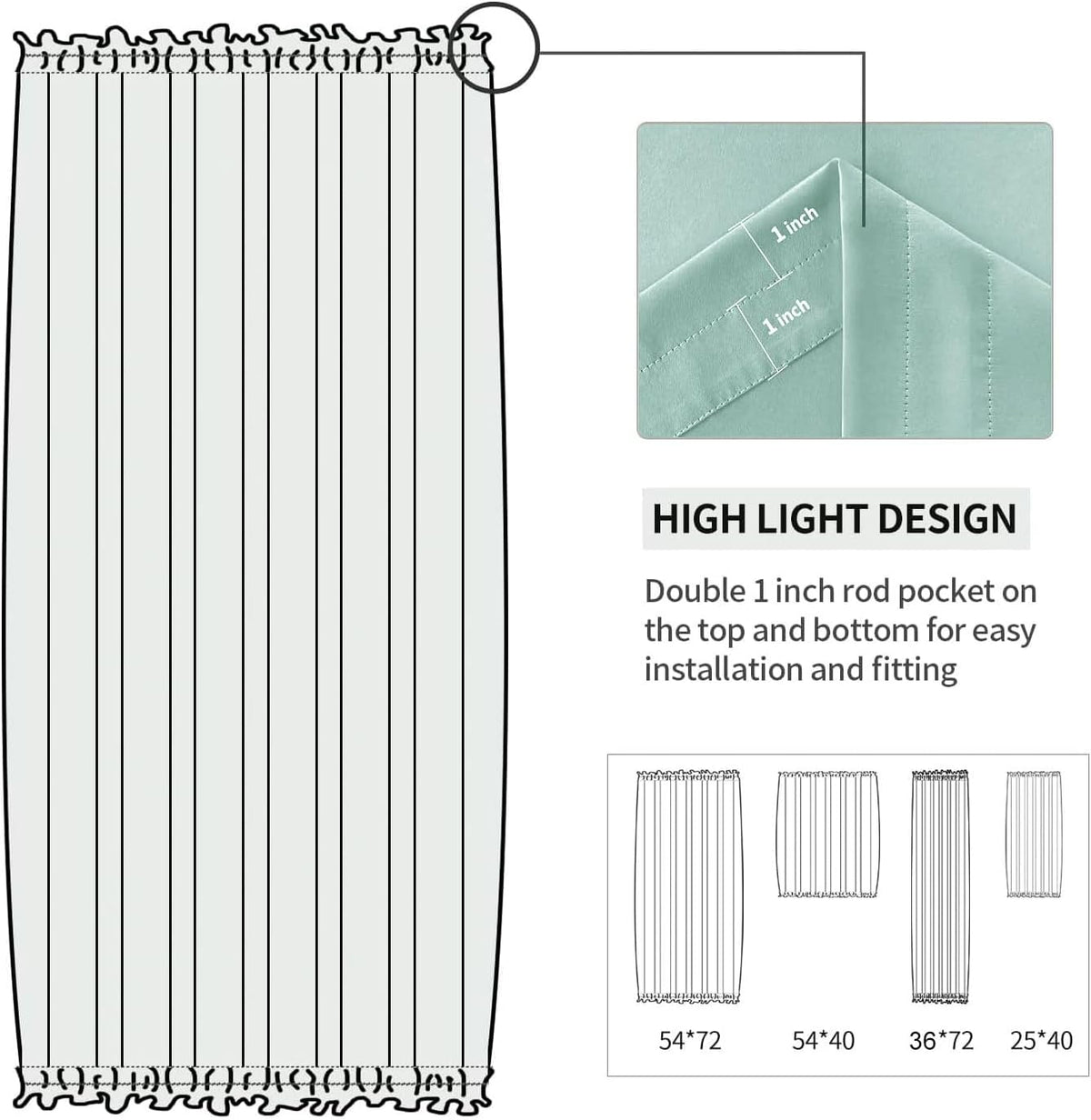 DWCN French Door Curtains – Rod Pocket Thermal Blackout Curtain for Window/Patio Doors/Doorways/Classroom/Kitchen for Privacy, 36W by 72L Inches, 1 Panel with Tieback, Mint Green