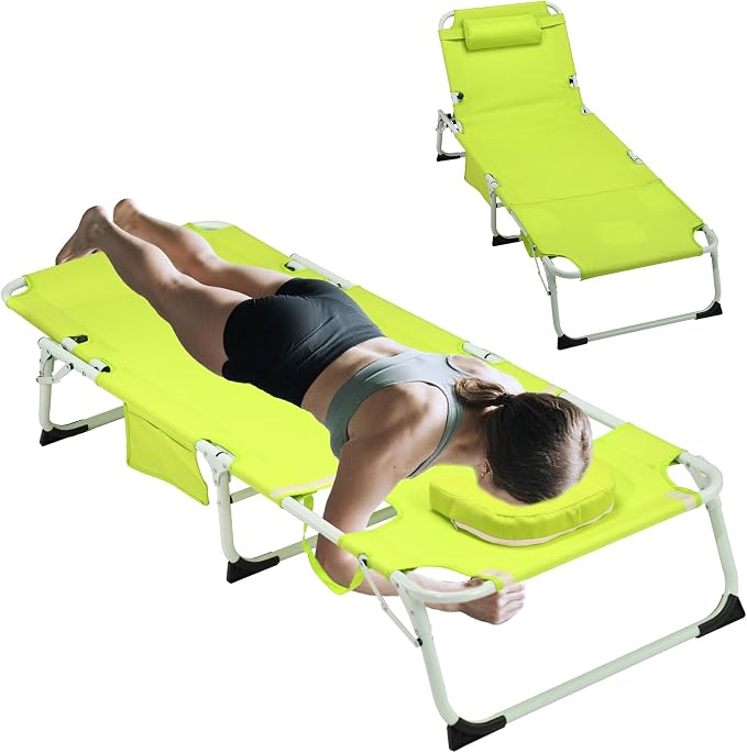 3-in-1 Oversized Sun Tanning Chair with Mat & Face Hole (Green) | Folding Chaise Lounge,5-Position Adjustable Outdoor Chair for Beach, Pool, Patio, Lawn, Yard - Includes Pillow