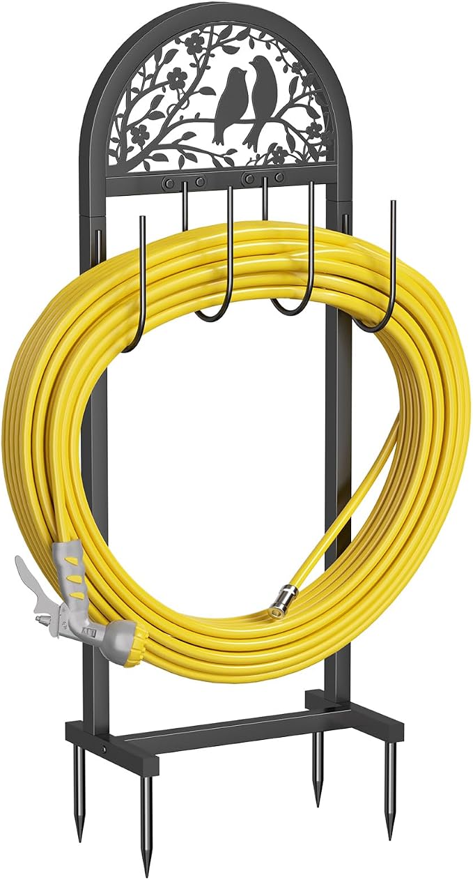 YQSLYSF Garden Hose Holder for Outside, Water Hose Reel Freestanding with 4 Stake, Heavy Duty Metal Hose Stand Storage Rack Holds 150Ft