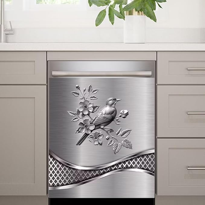 Stainless Steel Design Bird Pattern Kitchen Decorative Dishwasher Cover Magnet Sticker,Fridge Panel Door,Refrigerator Decal Home Decor 23x17inch