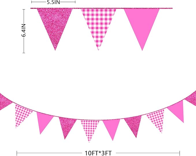Hot Pink Buffalo Plaid Party Decorations Pennant Banner Flag Hot Pink Glitter Paper Triangle Hanging Bunting for Birthday Bachelorette Baby Shower Anniversary Wedding Bridal Shower Hen Party Supplies