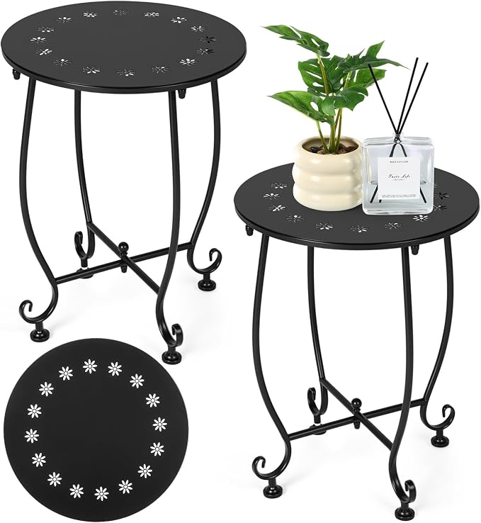 Thyle 2 Pcs Outdoor Side Table with Flower Cutout 13" Metal Small Round Weather Resistant Patio Side Tables for Outside, Balcony, Porch, Garden Bistro Indoor Outdoor Yard(Daisy)