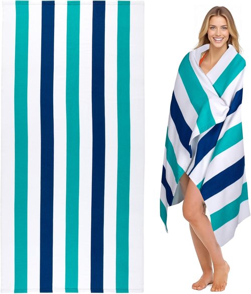 Cabanana Large Oversized Beach Towel - Quick-Dry Microfiber, Sand-Free, 35 x 70 Inch, Turquoise Striped Design