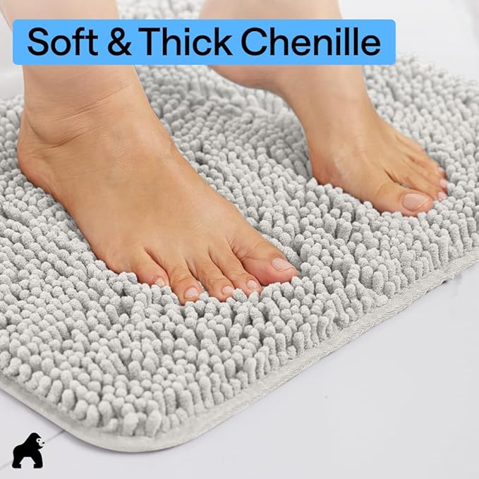 GORILLA GRIP Bath Rug Mat 44x26, Soft Absorbent Chenille, Quick Dry Microfiber Mats, Rubber Backing Washable Shower Floor Rugs, Bathmat Runner, US Designed Bathroom Home Decor Accessories Light Gray