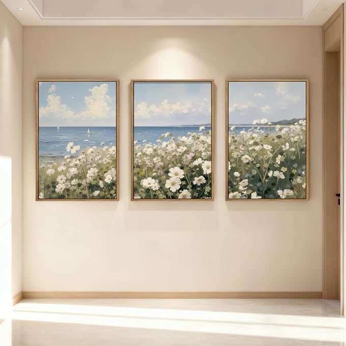 Anyzal Large Farmhouse Flower Framed Wall Art 16x24 Inch Coastal Wildflower Canvas Wall Decor Modern Landscape Painting for Living Room Bedroom Dining Room Set of 3