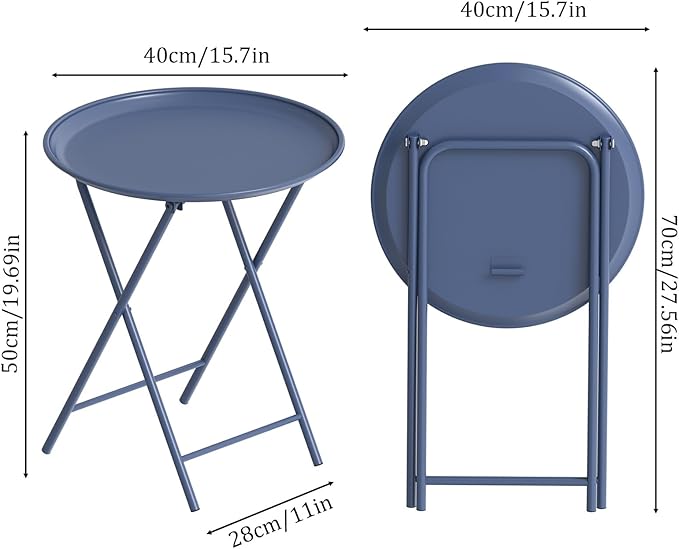 Garden 4 you Folding TV Tray Table, Metal Round Side Table, Blue Dinner Table with Metal Frame, Modern Outdoor Tray Table for Living Room, Bedroom, Patio & Small Spaces, 1 Pack