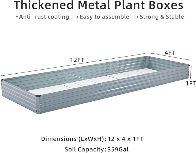 Meberam 2 Pack 12x4x1FT Galvanized Raised Garden Beds Kit Outdoor Metal Gardening Planter Box for Vegetable Elevated Flower Herbs,Gray
