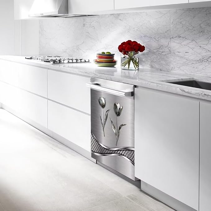 Stainless Steel Flower Pattern Dishwasher Cover Decorative Magnetic Sticker Kitchen Refrigerator Covers for The Front Fridge Door Magnet 23W x 17H inchs