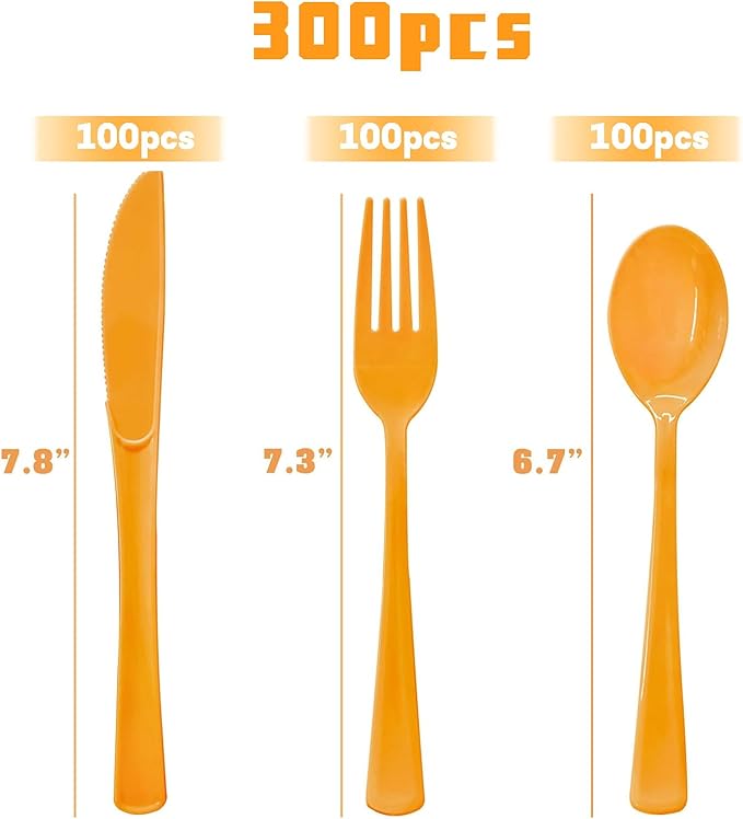 300 Pcs Orange Plastic Silverware, Orange Plastic Cutlery Includes 100 Forks, 100 Spoons, 100 Knives for Birthday, Autumn Party, Halloween, Thanksgiving Day