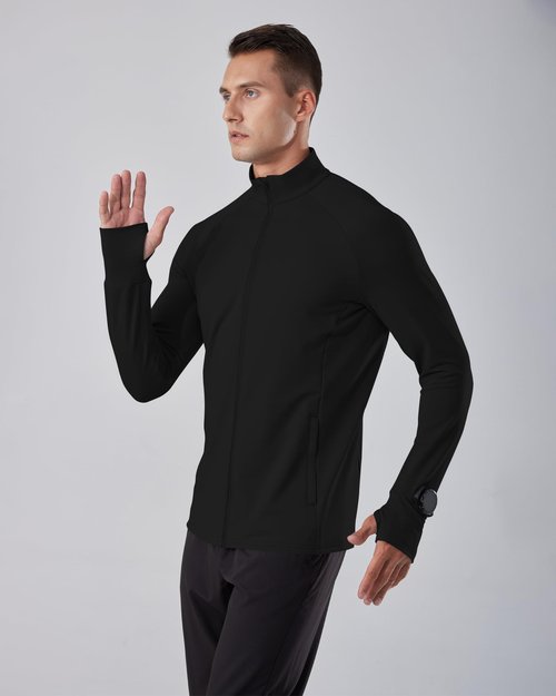 Locachy Men's Lightweight Quick Dry Athletic Jacket Full Zip Stand Collar Running Workout Performance Shirt Black L