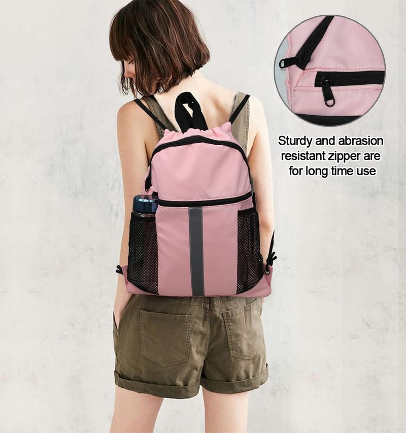 BeeGreen Pink Drawstring Backpack Bag with Shoe Compartment X-Large Gym Sports String Cinch Sackpack with Front Inside Zipper Pockets