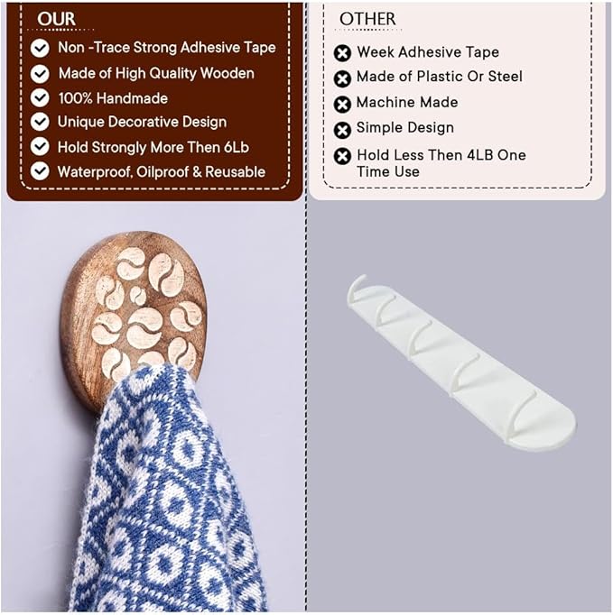 IndianShelf 6 Lb- 24 Pieces Decorative Wood Adhesive Wall Hooks–Boho Peel and