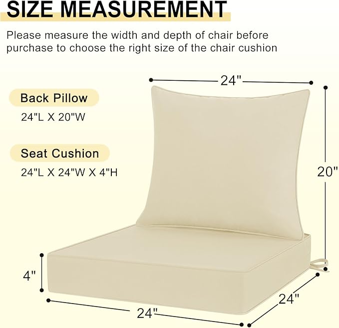 downluxe Outdoor Chair Cushions 24x24 with Removable Cover, Waterproof Patio Furniture Cushions, Deep Seat Cushions for Outdoor Furniture with Backrest for Sofa, Couch and Patio Chairs, Beige