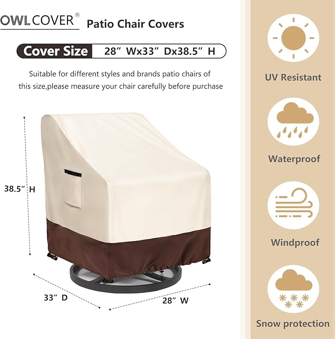 Patio Chair Covers 2 Pack, 28W x 33D x 38.5H inches, 600D Heavy Duty Waterproof Outdoor Furniture Cover, Patio Furniture Covers for Lawn/Garden Chiars, Beige & Brown